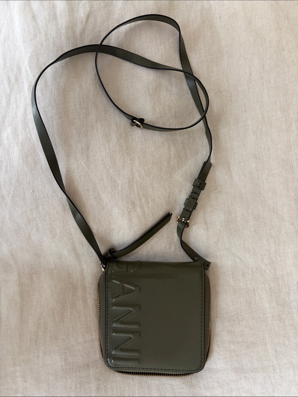 Ganni Olive Green Embossed Leather Crossbody Wallet